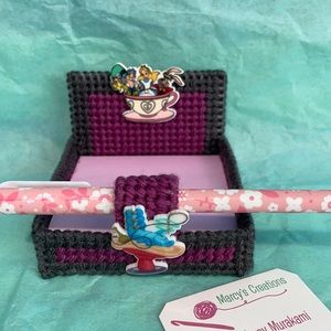 Alice in Wonderland theme post it holder with pen and post it note.Handcrafted.